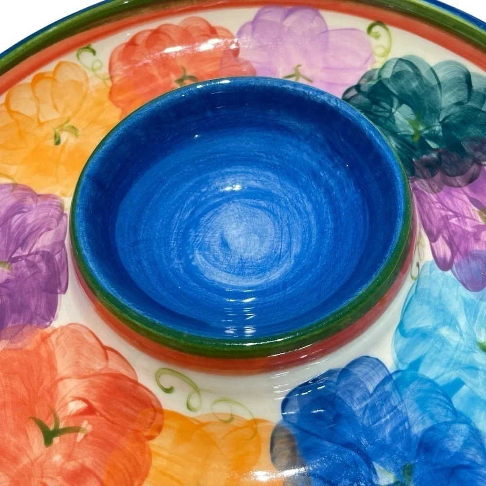Vintage L. PIERCE Hand painted  Floral Pottery dip platter Signed, colorful 12”